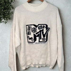 MTV Music Television Sweater 1989 Cable Knit White Size XL Rare Vintage